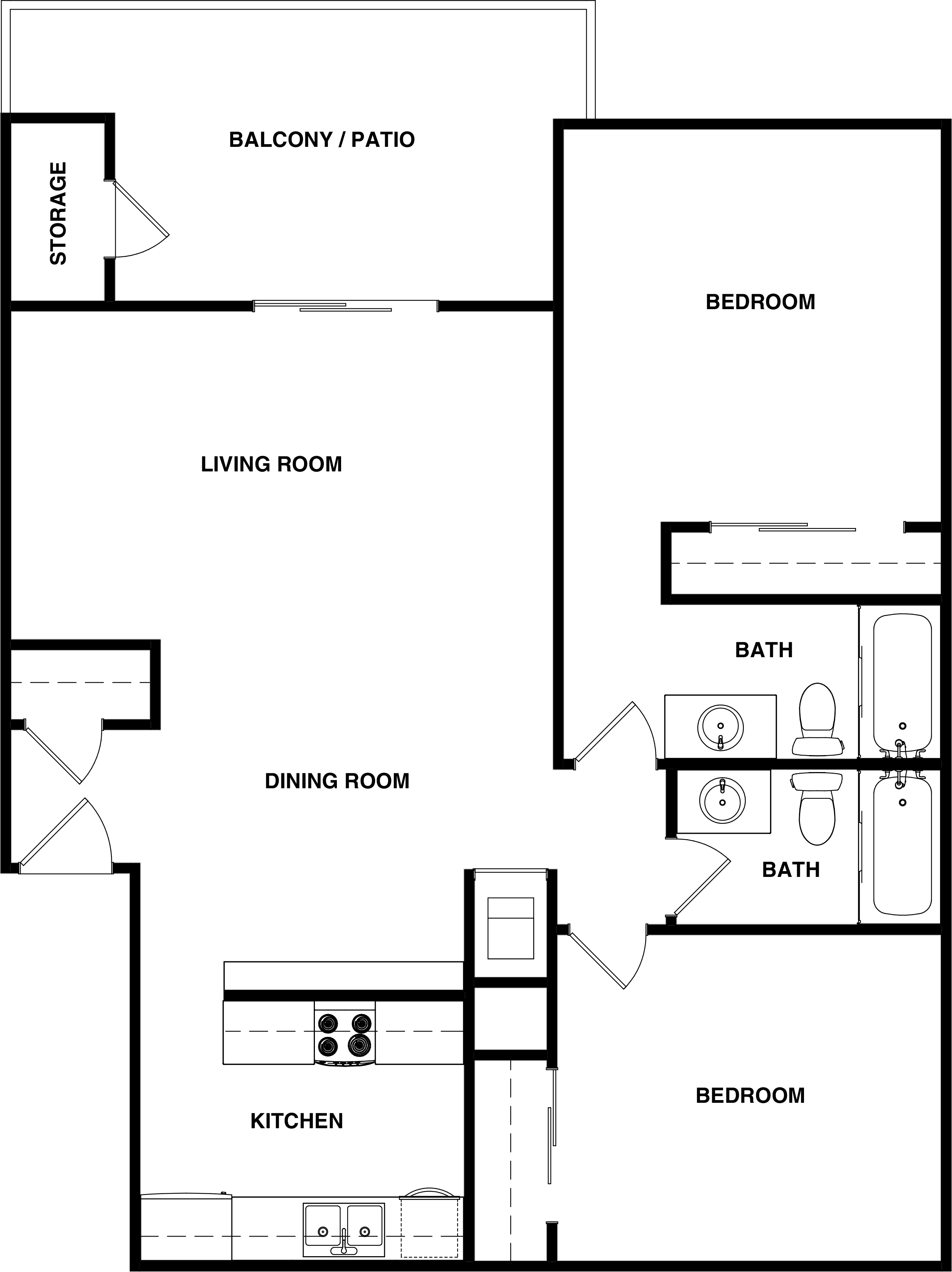 Floor plan for 2 beds, 2 baths, 972 sqft